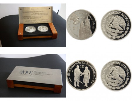 160 euros 2 monedas de 2 onzas Proof plata 999 Bicentenario de la independencia . En su estuche de madera